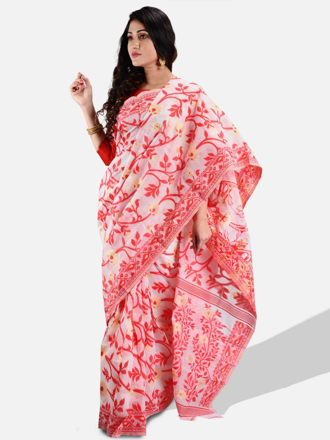 Women`s Handloom Soft Resham Dhakai jamdani Bengal Cotton Silk Tant Saree Whole Body Design with Blouse Pcs (Red White)